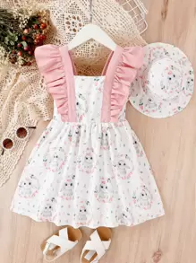 SHEIN 小女童卡通圖案荷葉邊洋裝附帽子