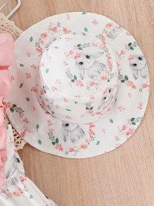 SHEIN 小女童卡通圖案荷葉邊洋裝附帽子