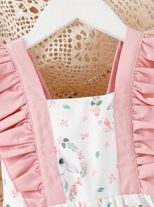 SHEIN 小女童卡通圖案荷葉邊洋裝附帽子