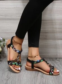 女士防滑隨機圖案花朵裝飾編織細節平底度假仿麂皮露跟涼鞋適用於海灘