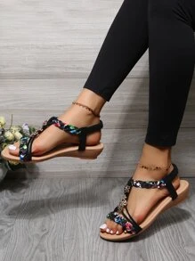 女士防滑隨機圖案花朵裝飾編織細節平底度假仿麂皮露跟涼鞋適用於海灘