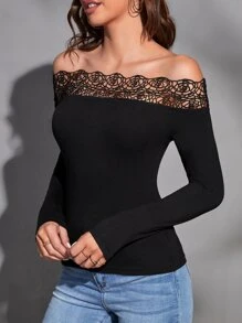SHEIN Clasi Áo thun nữ Tương phản ren màu trơn Thanh lịch - màu đen - Xem 6