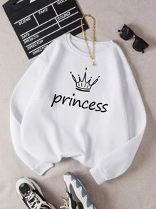 SHEIN EZwear Letter & Crown Print Thermal Pullover - White - View 1