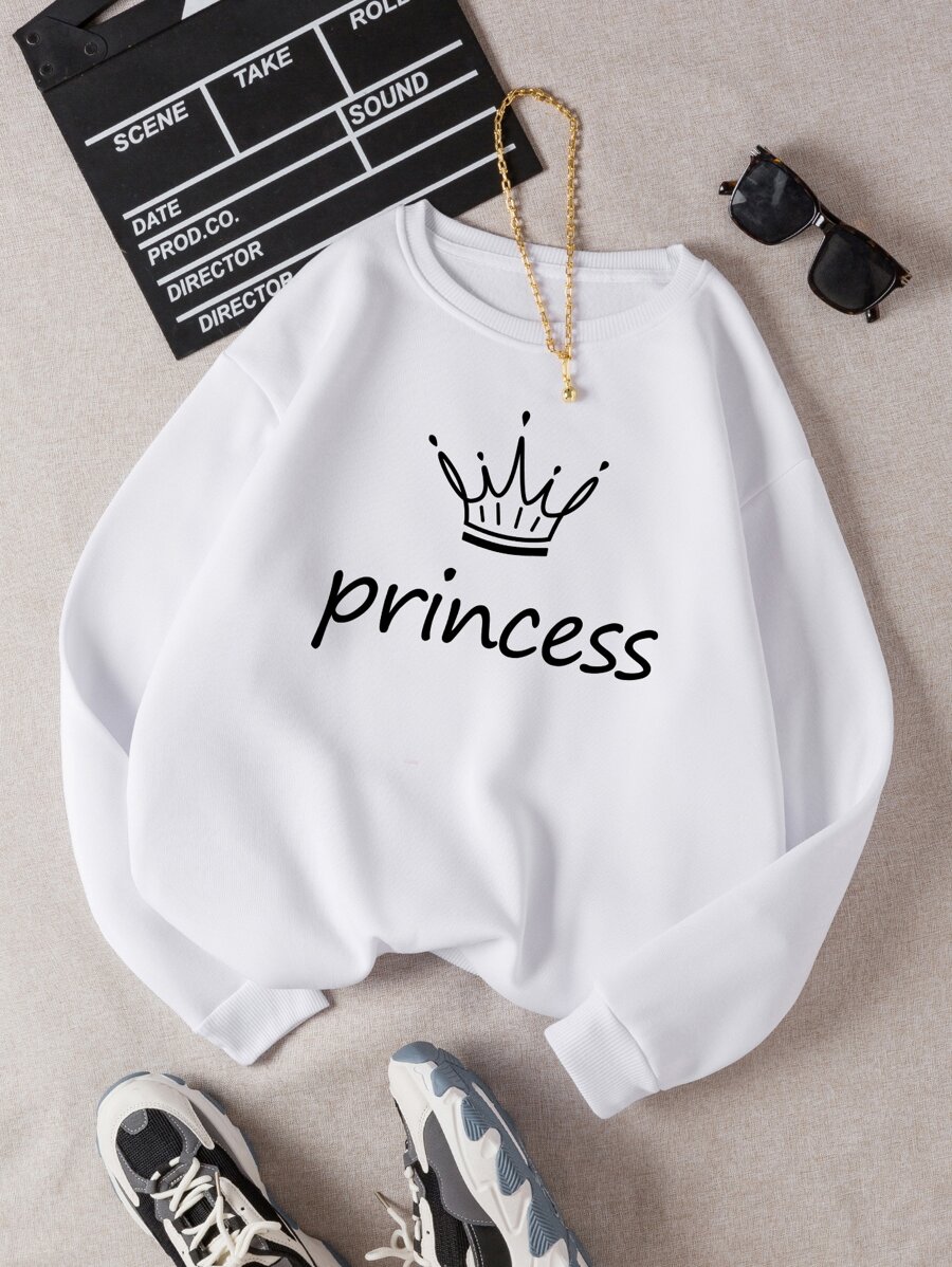 SHEIN EZwear Letter & Crown Print Thermal Pullover - White - View 1