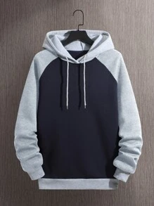 Manfinity Dauomo 男士撞色插肩袖抽繩保暖連帽衫 - 藏蓝色 - 查看 1