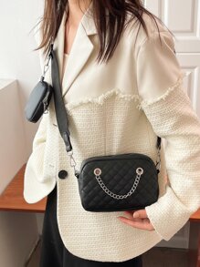 Mini Quilted Pattern Chain Decor Square Bag With Purse - Black - View 2