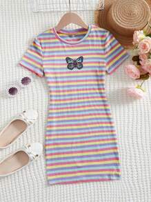 SHEIN Girls Butterfly & Striped Print Dress - Multicolor - View 1