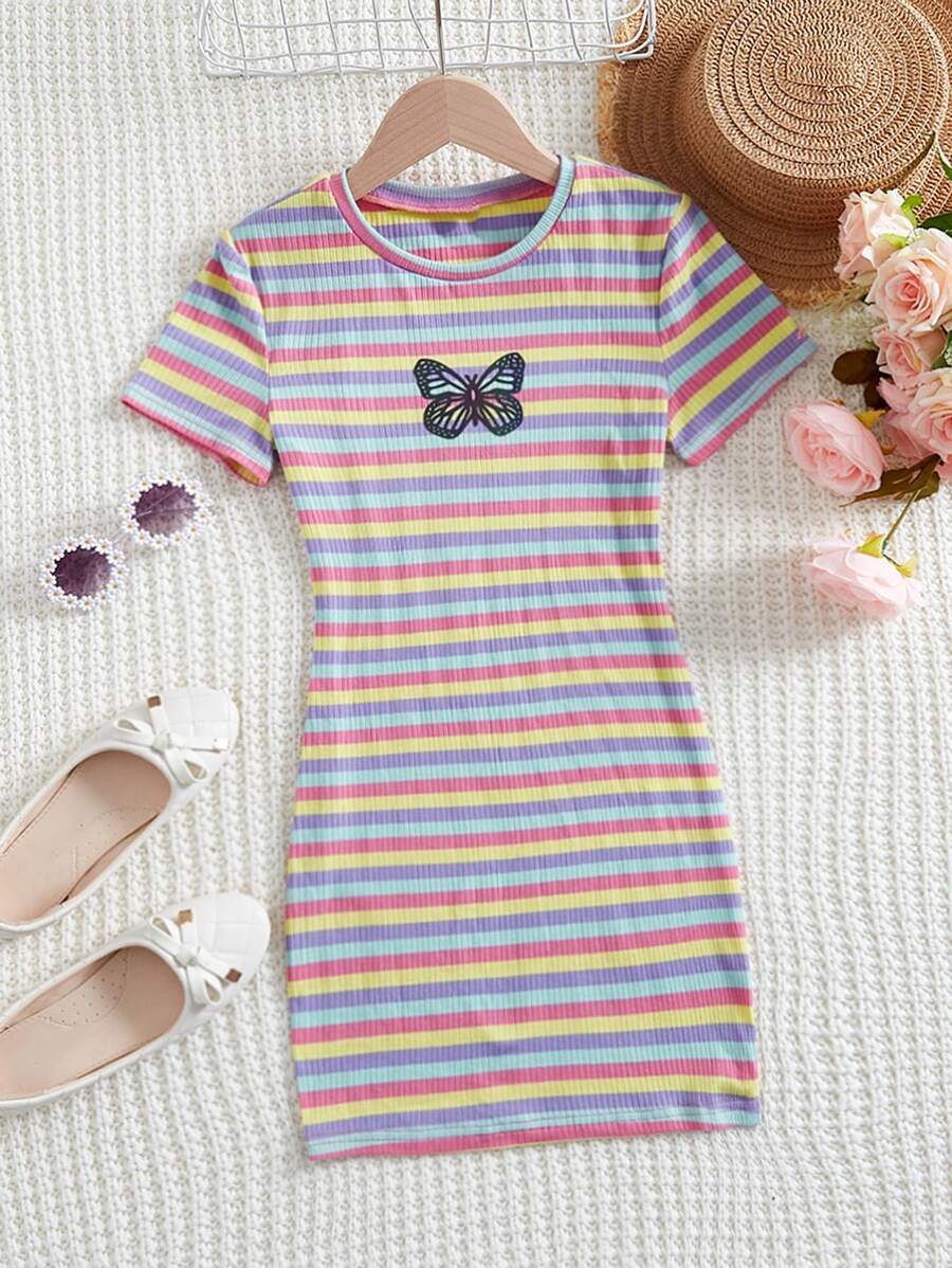 SHEIN Girls Butterfly & Striped Print Dress - Multicolor - View 1