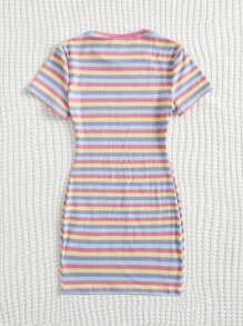 SHEIN Girls Butterfly & Striped Print Dress - Multicolor - View 2