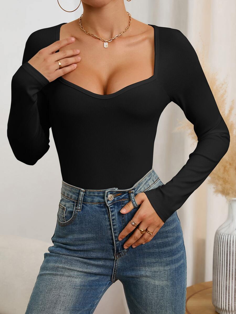 SHEIN Privé Sweetheart Neck Ribbed Knit Bodysuit - Black - View 1