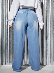 SHEIN Tall CURVE Plus Size Women Blue Loose Denim Wide-Leg Pants - Blue - View 2