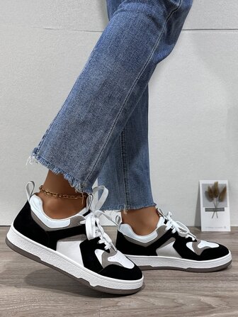 全新圆头系带拼色潮流校园风格女士休闲厚底运动鞋