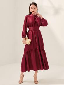 Modelyn Burgundy Red Mock Neck Lantern Sleeve Ruffle Hem Belted Dress - Burgundy - View 1