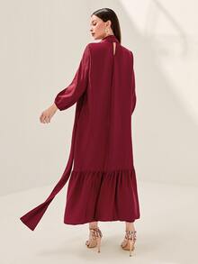 Modelyn Burgundy Red Mock Neck Lantern Sleeve Ruffle Hem Belted Dress - Burgundy - View 2