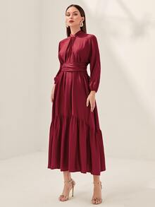Modelyn Burgundy Red Mock Neck Lantern Sleeve Ruffle Hem Belted Dress - Burgundy - View 4