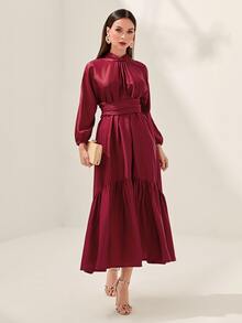 Modelyn Burgundy Red Mock Neck Lantern Sleeve Ruffle Hem Belted Dress - Burgundy - View 5