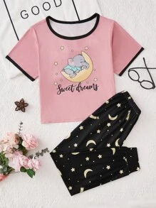 Chicas Conjunto de pijama con estampado de slogan y dibujos animados - Multicolor - Ver 1