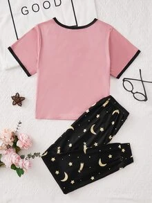 Chicas Conjunto de pijama con estampado de slogan y dibujos animados - Multicolor - Ver 2