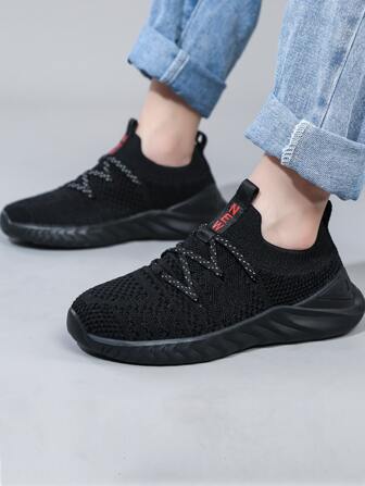 兒童字母圖案繫帶裝飾針織運動鞋