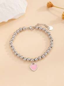 1pc Simple & Elegant & Charming & Lovely & Colorful Heart Shaped Dripping Oil Brass Pendant Connected With Copper Beads And Lolita Fashion Chain Bracelet Suitable For Women & Girls & Graduation Season & Vacation & Party & Couples & Friends & Girlfriend & Mother's Day & Teacher's Day & Valentine's Day & Goddess Festival & Thanksgiving Day Gift - Silver - View 1