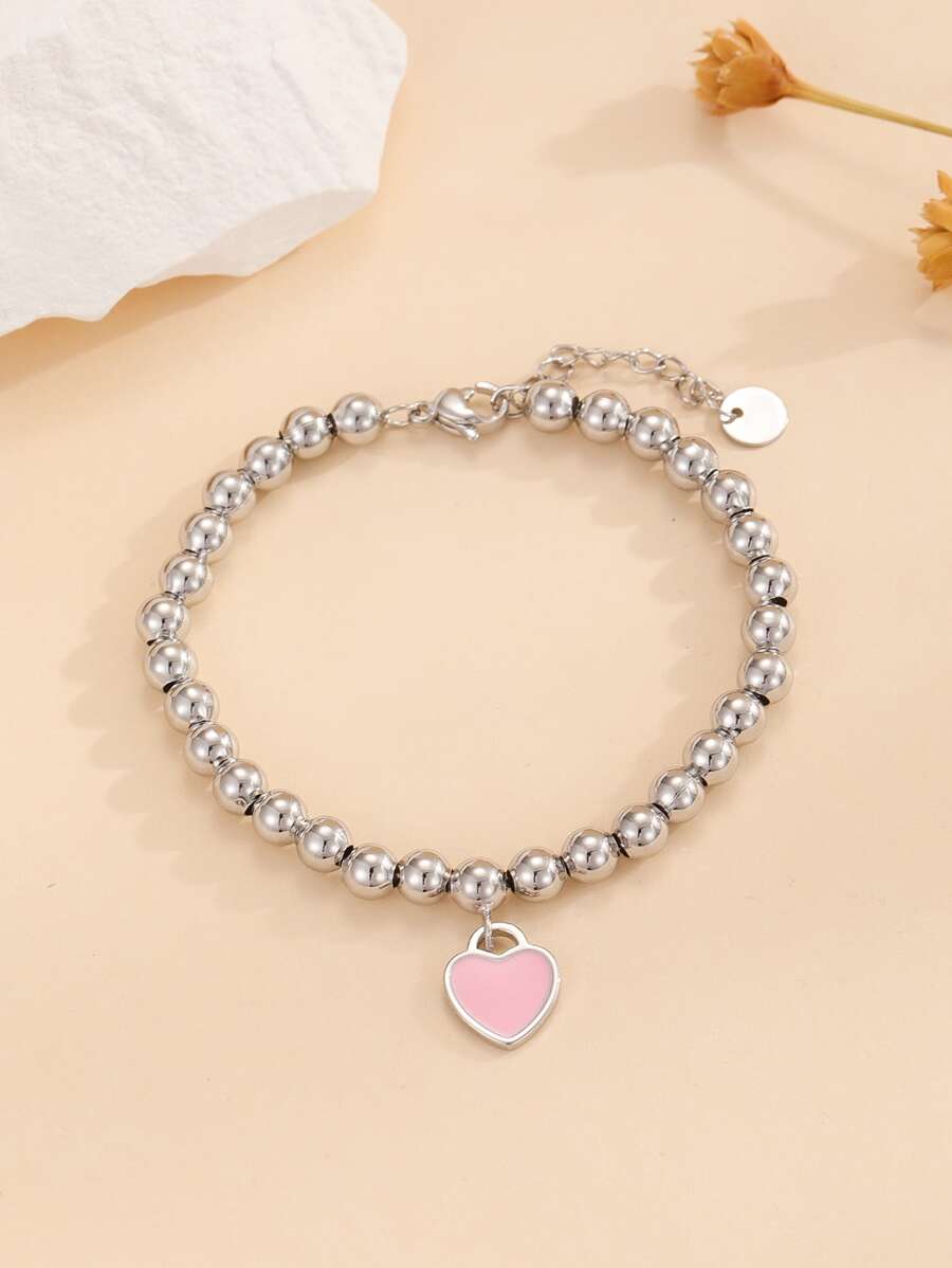 1pc Simple & Elegant & Charming & Lovely & Colorful Heart Shaped Dripping Oil Brass Pendant Connected With Copper Beads And Lolita Fashion Chain Bracelet Suitable For Women & Girls & Graduation Season & Vacation & Party & Couples & Friends & Girlfriend & Mother's Day & Teacher's Day & Valentine's Day & Goddess Festival & Thanksgiving Day Gift - Silver - View 1