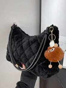 Chi tiết chần bông mờ, mềm mại, sang trọng Túi Hobo lông mịn có túi quyến rũ dành cho nữ, phụ nữ, sinh viên đại học, tân binh & nhân viên văn phòng Cho công việc, văn phòng, đi làm, cho mùa thu đông, mùa đông ấm áp, ngoài trời - màu đen - Xem 1