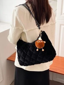 Chi tiết chần bông mờ, mềm mại, sang trọng Túi Hobo lông mịn có túi quyến rũ dành cho nữ, phụ nữ, sinh viên đại học, tân binh & nhân viên văn phòng Cho công việc, văn phòng, đi làm, cho mùa thu đông, mùa đông ấm áp, ngoài trời - màu đen - Xem 2