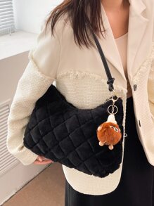 Chi tiết chần bông mờ, mềm mại, sang trọng Túi Hobo lông mịn có túi quyến rũ dành cho nữ, phụ nữ, sinh viên đại học, tân binh & nhân viên văn phòng Cho công việc, văn phòng, đi làm, cho mùa thu đông, mùa đông ấm áp, ngoài trời - màu đen - Xem 6