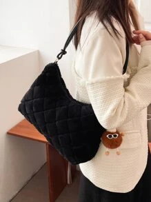 Chi tiết chần bông mờ, mềm mại, sang trọng Túi Hobo lông mịn có túi quyến rũ dành cho nữ, phụ nữ, sinh viên đại học, tân binh & nhân viên văn phòng Cho công việc, văn phòng, đi làm, cho mùa thu đông, mùa đông ấm áp, ngoài trời - màu đen - Xem 7