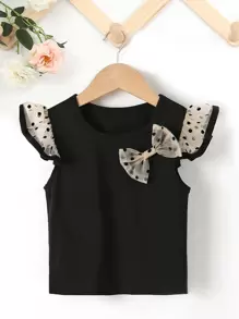 SHEIN Toddler Girls Polka Dot Ruffle Trim Bow Front Tee - Black - View 1