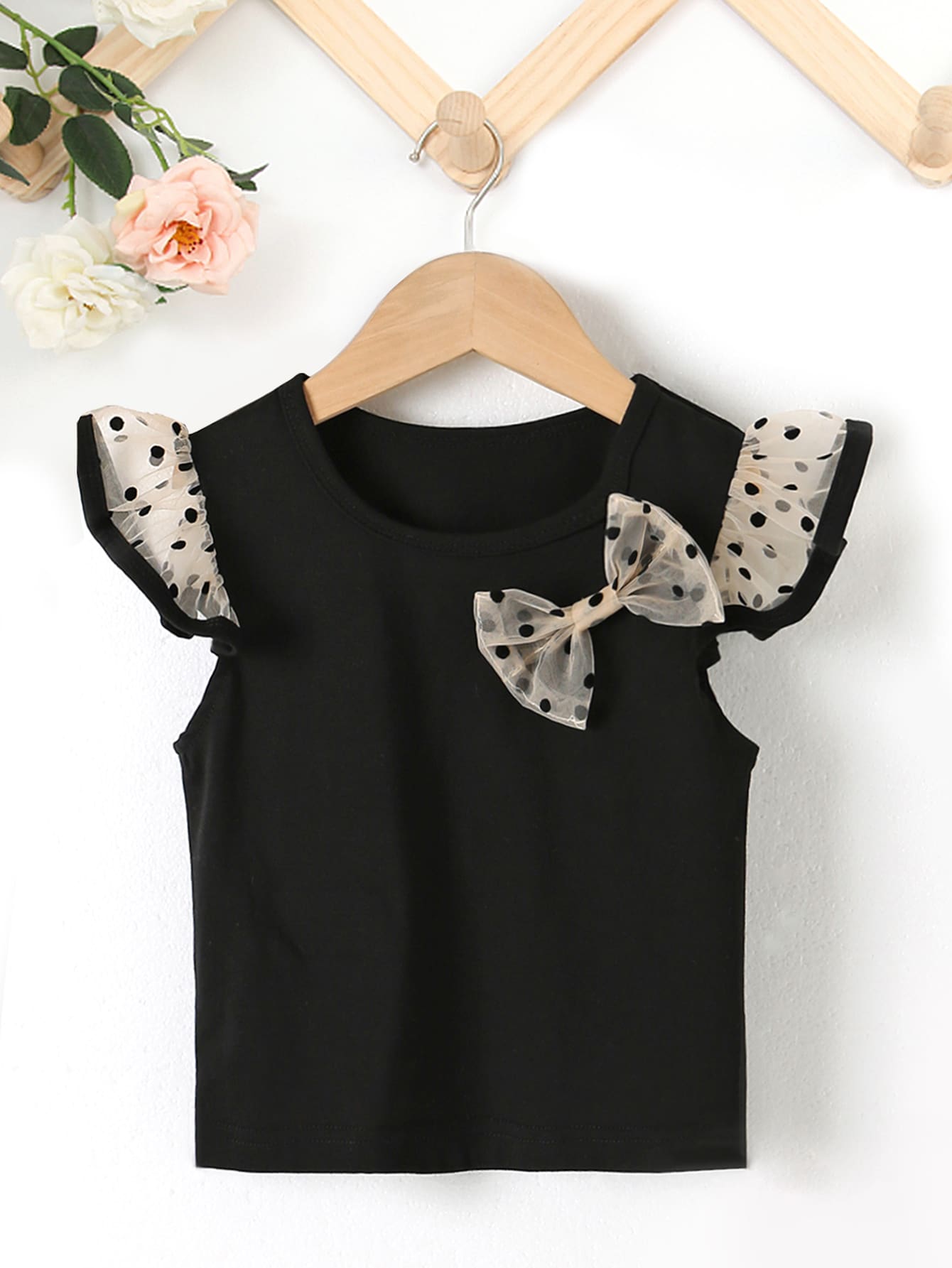 SHEIN Toddler Girls Polka Dot Ruffle Trim Bow Front Tee - Black - View 1