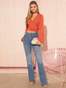 SHEIN Privé Surplice Neck Lantern Sleeve Tie Back Wrap Blouse - Burnt Orange - View 4