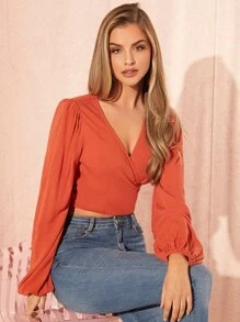 SHEIN Privé Surplice Neck Lantern Sleeve Tie Back Wrap Blouse - Burnt Orange - View 6