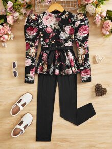 SHEIN Chicas Leggings con top con estampado floral de manga gigot con cinturón - Negro - Ver 2