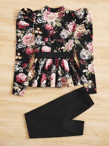 SHEIN Chicas Leggings con top con estampado floral de manga gigot con cinturón - Negro - Ver 3