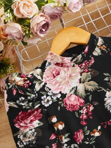 SHEIN Chicas Leggings con top con estampado floral de manga gigot con cinturón - Negro - Ver 4