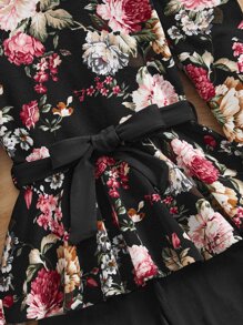 SHEIN Chicas Leggings con top con estampado floral de manga gigot con cinturón - Negro - Ver 5