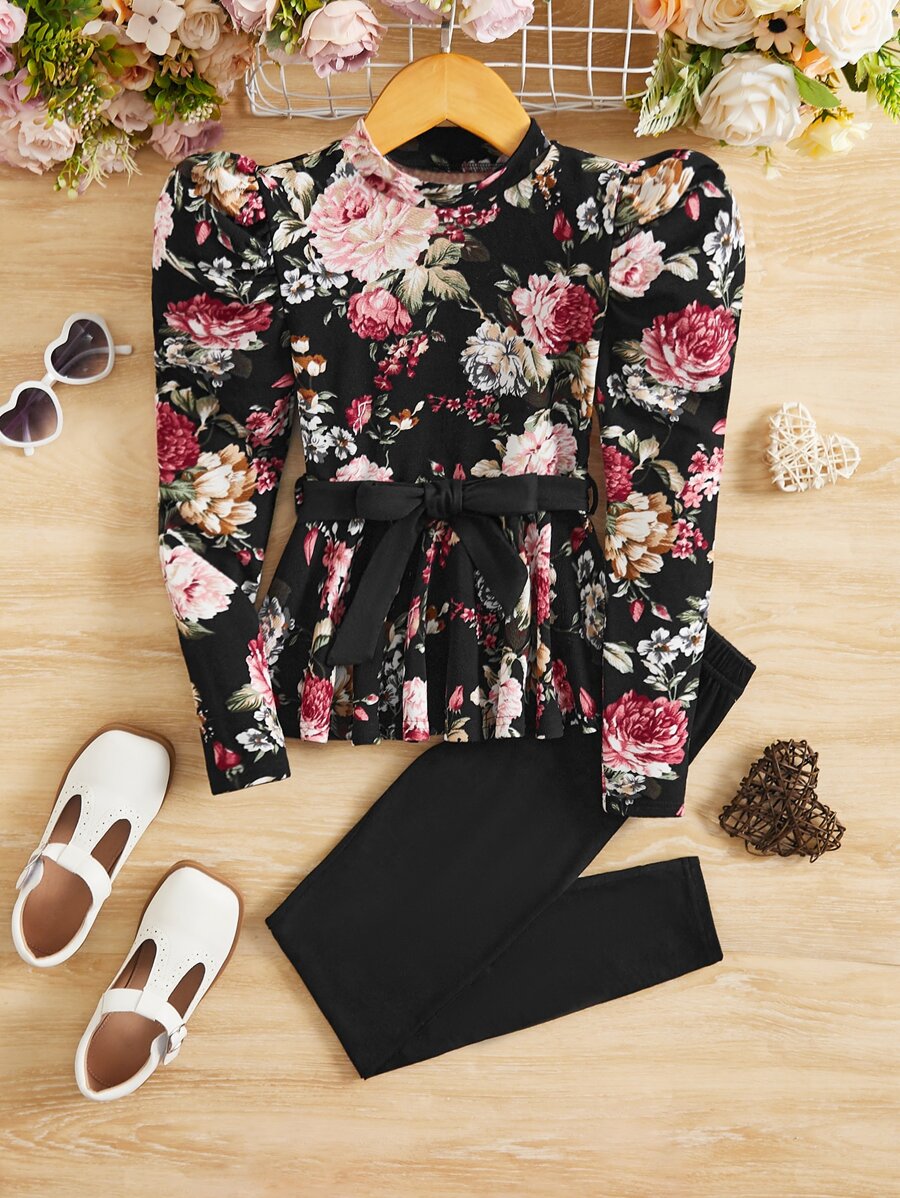 SHEIN Chicas Leggings con top con estampado floral de manga gigot con cinturón - Negro - Ver 1