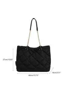 Bolso de mano ligero, informal, de negocios, con detalle acolchado, con cadena, para adolescentes, niñas, mujeres, estudiantes universitarios, novatos y trabajadores de cuello blanco, perfecto para la oficina, la universidad, el trabajo, los negocios, los desplazamientos, al aire libre, los viajes, las excursiones - Negro - Ver 3