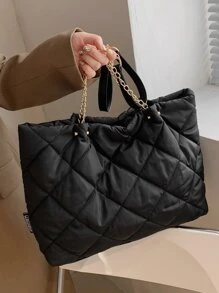 Bolso de mano ligero, informal, de negocios, con detalle acolchado, con cadena, para adolescentes, niñas, mujeres, estudiantes universitarios, novatos y trabajadores de cuello blanco, perfecto para la oficina, la universidad, el trabajo, los negocios, los desplazamientos, al aire libre, los viajes, las excursiones - Negro - Ver 4