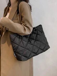 Bolso de mano ligero, informal, de negocios, con detalle acolchado, con cadena, para adolescentes, niñas, mujeres, estudiantes universitarios, novatos y trabajadores de cuello blanco, perfecto para la oficina, la universidad, el trabajo, los negocios, los desplazamientos, al aire libre, los viajes, las excursiones - Negro - Ver 5
