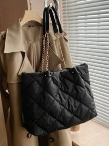 Bolso de mano ligero, informal, de negocios, con detalle acolchado, con cadena, para adolescentes, niñas, mujeres, estudiantes universitarios, novatos y trabajadores de cuello blanco, perfecto para la oficina, la universidad, el trabajo, los negocios, los desplazamientos, al aire libre, los viajes, las excursiones - Negro - Ver 7