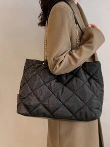 Bolso de mano ligero, informal, de negocios, con detalle acolchado, con cadena, para adolescentes, niñas, mujeres, estudiantes universitarios, novatos y trabajadores de cuello blanco, perfecto para la oficina, la universidad, el trabajo, los negocios, los desplazamientos, al aire libre, los viajes, las excursiones - Negro - Ver 8