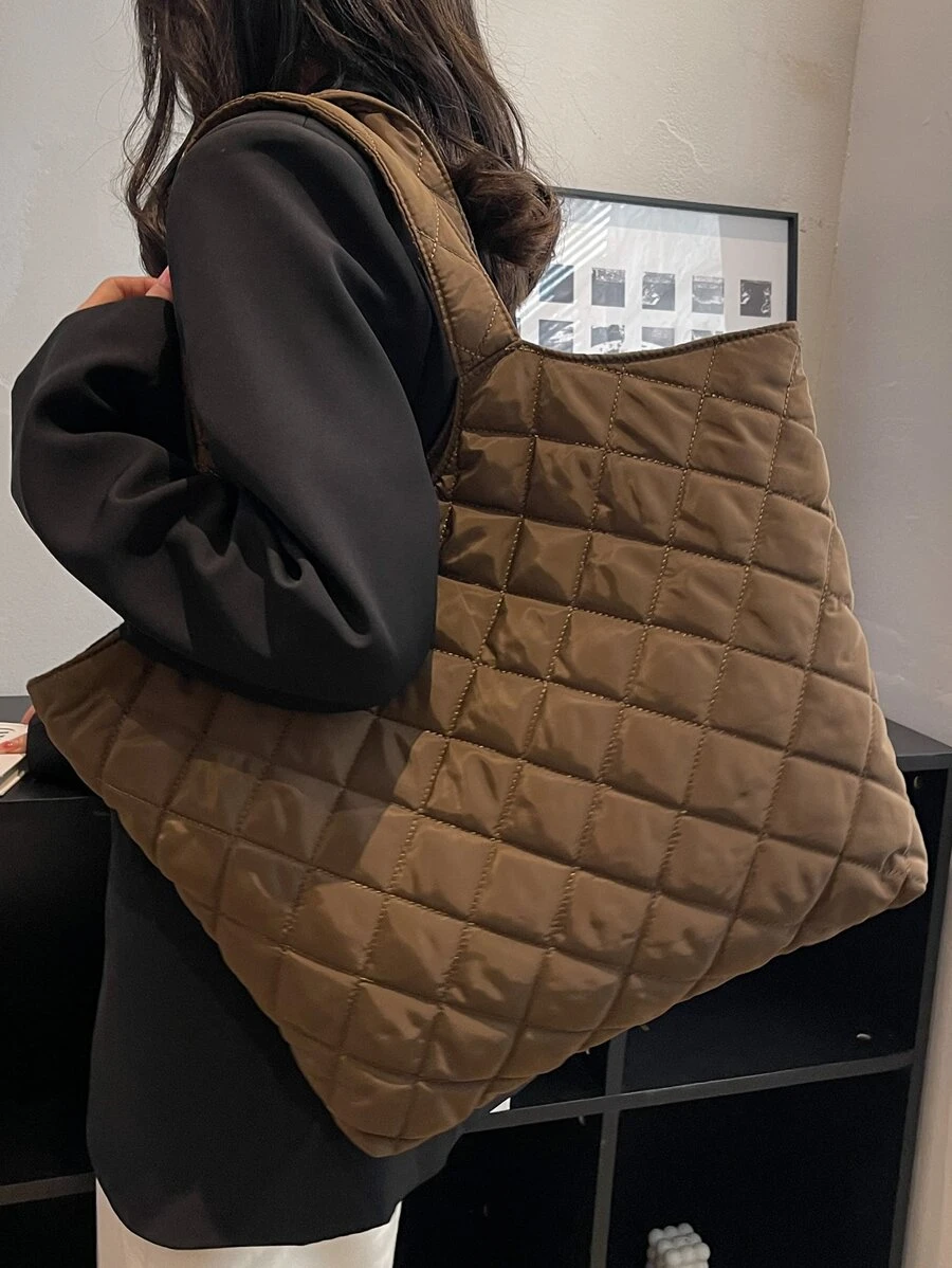 Quilted Detail Shoulder Tote Bag - Coffee Brown - View 1