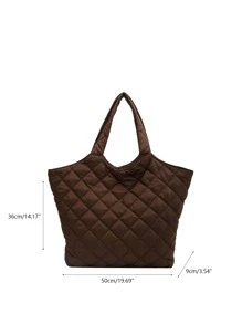 Quilted Detail Shoulder Tote Bag - Coffee Brown - View 3