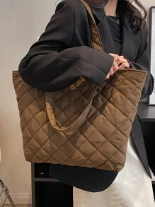 Quilted Detail Shoulder Tote Bag - Coffee Brown - View 6