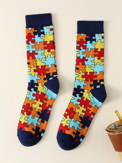 Puzzle Pattern Crew Socks