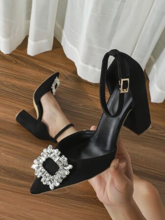 Höst/Vinter 2024 Nya Dammode Spetsig Tå Rosenblomma Högklackade Sandaler, Rosa Grova Klackar Alla Hjärtans Dag, Elegant, Fest