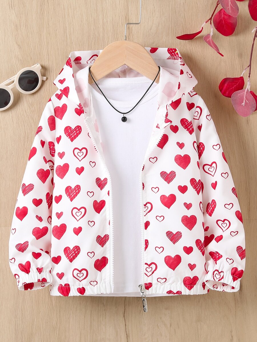 SHEIN Toddler Girls Heart Print Hooded Jacket Without Tee - White - View 1