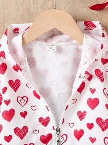 SHEIN Toddler Girls Heart Print Hooded Jacket Without Tee - White - View 4
